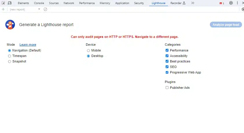 chrome dev tools lighthouse